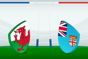 Match between Wales and Fiji, illustration of rugby flag icon on rugby stadium. vector