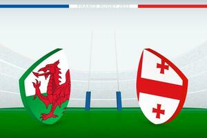 Match between Wales and Georgia, illustration of rugby flag icon on rugby stadium. vector