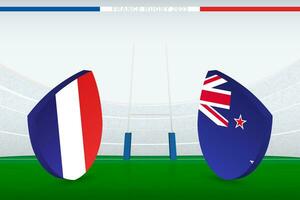 Match between France and New Zealand, illustration of rugby flag icon on rugby stadium. vector