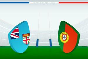 Match between Fiji and Portugal, illustration of rugby flag icon on rugby stadium. vector