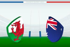 Match between Wales and Australia, illustration of rugby flag icon on rugby stadium. vector