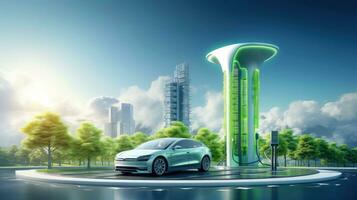 Electric car at futuristic charging station. Selected focusing. Eco alternative transport and battery charging technology concept, electric hybrid machine, Generative AI illustration photo