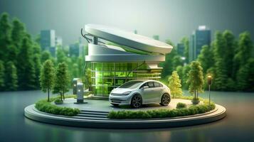 Electric car at futuristic charging station. Selected focusing. Eco alternative transport and battery charging technology concept, electric hybrid machine, Generative AI illustration photo