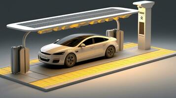 Electric car at futuristic charging station. Selected focusing. Eco alternative transport and battery charging technology concept, electric hybrid machine, Generative AI illustration photo