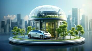 Electric car at futuristic charging station. Selected focusing. Eco alternative transport and battery charging technology concept, electric hybrid machine, Generative AI illustration photo