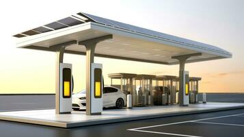 Electric car at futuristic charging station. Selected focusing. Eco alternative transport and battery charging technology concept, electric hybrid machine, Generative AI illustration photo