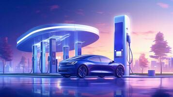 Electric car at futuristic charging station. Selected focusing. Eco alternative transport and battery charging technology concept, electric hybrid machine, Generative AI illustration photo