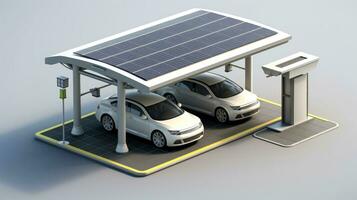 Electric car at futuristic charging station. Selected focusing. Eco alternative transport and battery charging technology concept, electric hybrid machine, Generative AI illustration photo