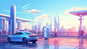 Electric car at futuristic charging station. Selected focusing. Eco alternative transport and battery charging technology concept, electric hybrid machine, Generative AI illustration photo