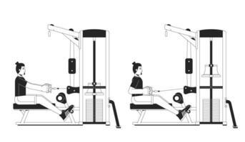 músculo edificio con sentado fila máquina bw vector Mancha ilustración. gimnasio chico 2d dibujos animados plano línea monocromo personaje para web diseño. fortalecimiento ejercicios editable aislado contorno héroe imagen