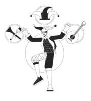 Jester person archetype bw concept vector spot illustration. Joker entertains by musical instrument 2D cartoon flat line monochromatic character for web UI design. Editable isolated outline hero image