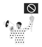 Indian man shouting in megaphone flat line black white vector character. Slogan on banner. Editable outline half body person. Simple cartoon isolated spot illustration for web graphic design