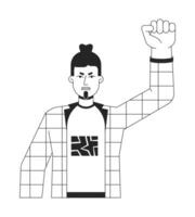 Aggressive protester flat line black white vector character. Man clenching fist. Disappointed. Editable outline half body person. Simple cartoon isolated spot illustration for web graphic design