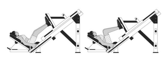 Working out on machine squat press bw vector spot illustration. Female 2D cartoon flat line monochromatic character for web UI design. Leg strengthening routine editable isolated outline hero image