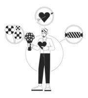 Lover person archetype bw concept vector spot illustration. Caucasian man with flowers and candies 2D cartoon flat line monochromatic character for web UI design. Editable isolated outline hero image