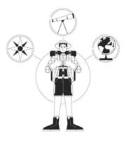 Explorer person archetype bw concept vector spot illustration. Traveler with backpack 2D cartoon flat line monochromatic character for web UI design. Psychology editable isolated outline hero image