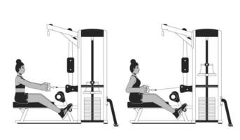 Working out on seated row machine bw vector spot illustration. Female 2D cartoon flat line monochromatic character for web UI design. Prevent back pain exercise editable isolated outline hero image