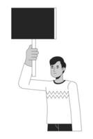 Empty banner in indian man hand flat line black white vector character. Protesting. Editable outline half body person. Simple cartoon isolated spot illustration for web graphic design