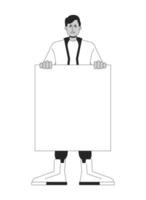 Angry protest flat line black white vector character. Editable outline full body person. Shouting slogans. Man holding placard. Simple cartoon isolated spot illustration for web graphic design