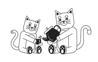 Happy kittens sitting monochromatic flat vector characters. Tea ceremony. Teapot, cup. Smiling pets. Editable thin line full body animal on white. Simple bw cartoon spot image for web graphic design