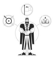 Ruler person archetype bw concept vector spot illustration. Empowered king with sword 2D cartoon flat line monochromatic character for web UI design. Psychology editable isolated outline hero image