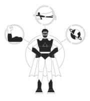 Superhero person archetype bw concept vector spot illustration. Afro man protecting world 2D cartoon flat line monochromatic character for web UI design. Editable isolated outline hero image