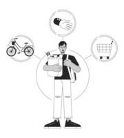 Everyman person archetype bw concept vector spot illustration. Man with backpack and grocery bag 2D cartoon flat line monochromatic character for web UI design. Editable isolated outline hero image