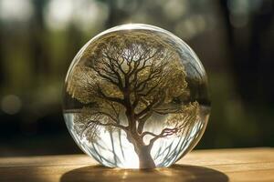 A crystal globe with a tree. Natural background. Sunny bright lighting. Photorealistic illustration. Ecological concept. Earth Day. AI generated illustration. photo