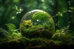 A crystal globe with a tree. Natural background. Sunny bright lighting. Photorealistic illustration. Ecological concept. Earth Day. AI generated illustration. photo