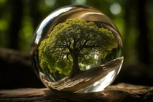 un cristal globo con un árbol. natural antecedentes. soleado brillante Encendiendo. fotorrealista ilustración. ecológico concepto. tierra día. ai generado ilustración. foto