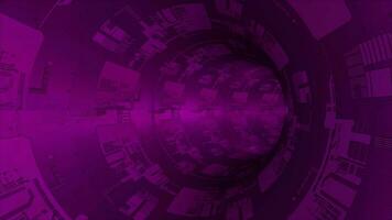 Animated pink sci-fi circular tunnel with electronic circuit board texture on surface background video