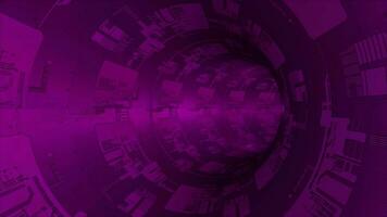 Animated pink sci-fi circular tunnel with electronic circuit board texture on surface background video