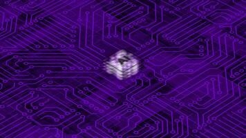 Purple 3d Computer chip with connections and signals. AI Computer processor background. Mother board circuit pattern background video