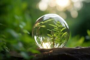 un cristal globo con un árbol. natural antecedentes. soleado brillante Encendiendo. fotorrealista ilustración. ecológico concepto. tierra día. ai generado ilustración. foto