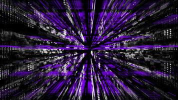 Purple and white floating particles in digital technologic 3d cyberspace blurry background video