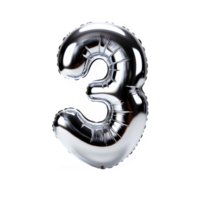 silver chrome balloon shaped number 3 isolated on transparent background ,generative ai png