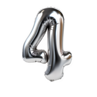 silver chrome balloon shaped number 4 isolated on transparent background ,generative ai png