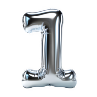 silver chrome balloon shaped number 1 isolated on transparent background ,generative ai png