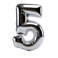 silver chrome balloon shaped number 5 isolated on transparent background ,generative ai png