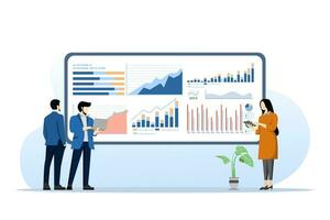 flat statistics and data analysis concept. business financial investment. business data analysis research. investment planning. business team working on monitor graph dashboard. design illustration. vector