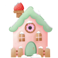 Pink and green house in snow png