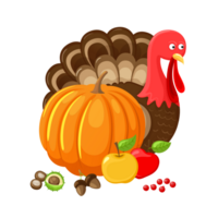 Thanksgiving horn of plenty cornucopia full of vegetables and fruit with cartoon pilgrim turkey  Generative Ai png