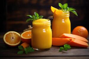 Persimmon, orange and ginger drink with yogurt, photo