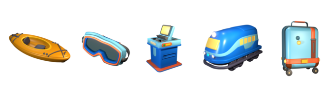 3D icon world tourism day collection rendered isolated on the transparent background. kayak, ski goggles, ticket counter, train, and suitcase object for your design. png