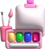 3D illustration coloring equipment Paint tray and brushes. minimal style. png