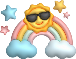 3D illustration colorful rainbow, clouds, sun in sunglasses and stars. minimal style. png