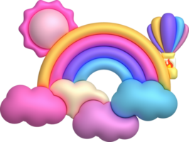 3D illustration Colorful rainbow, clouds, sun and balloons. minimal style. png