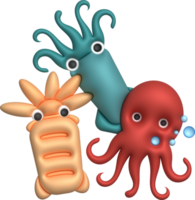 3D illustration Cute underwater animals squid and octopus. minimal style. png