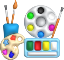 3D illustration coloring equipment Paint tray and brushes. minimal style. png