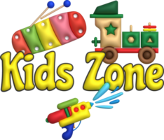 3D illustration letters kid zone, xylophone, water gun and toy train.Kids toys minimal style. png